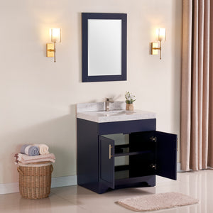 1905-30-04 Marine Blue 30" Bathroom Vanity Set with Solid Wood Cabinet and Natural White Carrara Counter Top and White Under Mount Sink Set with Optional Mirror