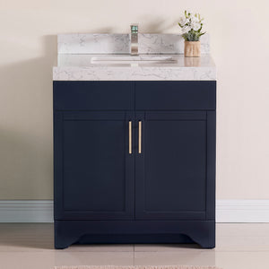 1905-30-04 Marine Blue 30" Bathroom Vanity Set with Solid Wood Cabinet and Natural White Carrara Counter Top and White Under Mount Sink Set with Optional Mirror