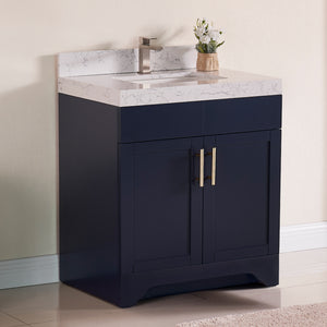 1905-30-04 Marine Blue 30" Bathroom Vanity Set with Solid Wood Cabinet and Natural White Carrara Counter Top and White Under Mount Sink Set with Optional Mirror