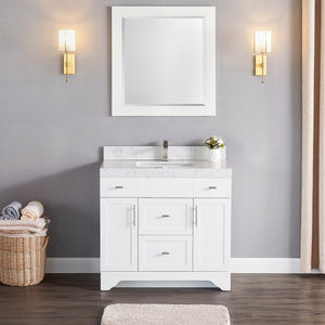 1905-36-01 Matt White 36" Bathroom Vanity Set Solid Wood Cabinet and under mount sink with White Carrara Quartz Counter Top and backsplash with optional mirror