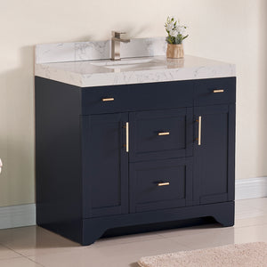 1905-36-04 Marine Blue 36" Bathroom Vanity Set Solid Wood Cabinet with under mount Sink and Quartz Top with 4" backsplash and optional Mirror