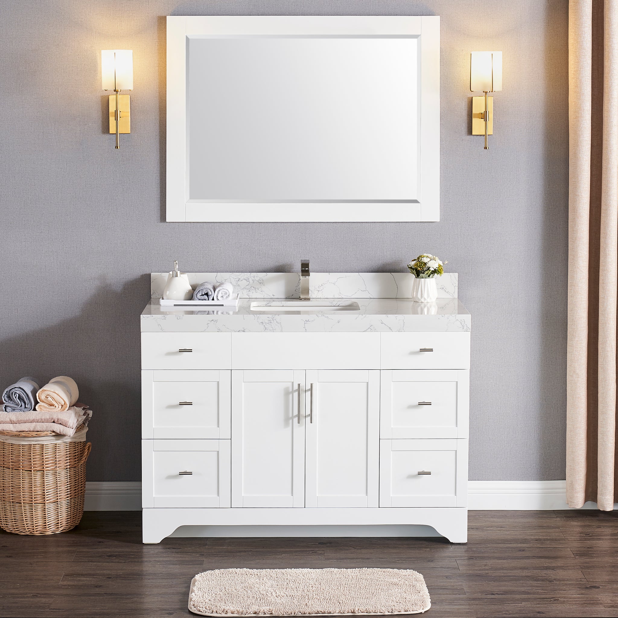 48" White Bathroom Vanity With Marble-Texture Top & 4 Drawers – Modern Pedestal Cabinet With 2 Boat-Shaped Clear Glass Vessel Sinks