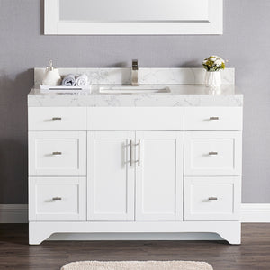 1905-48-01 Matt White 48" Bathroom Vanity Set Solid Wood Cabinet with Natural White Carrara Quartz Counter Top and under mount sink included with optional Mirror