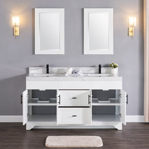 1905-60D-01 Matt White 60" Bathroom Vanity Set Solid Wood Cabinet and Double Side 2 Sinks with Quartz Counter Top and Backsplash Optional Mirror
