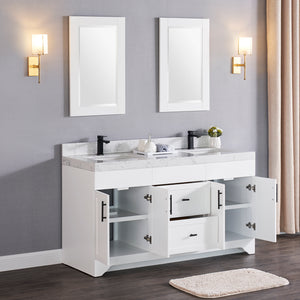 1905-60D-01 Matt White 60" Bathroom Vanity Set Solid Wood Cabinet and Double Side 2 Sinks with Quartz Counter Top and Backsplash Optional Mirror