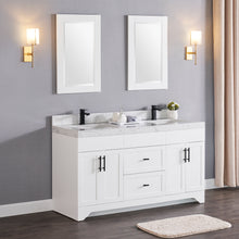 1905-60D-01 Matt White 60" Bathroom Vanity Set Solid Wood Cabinet and Double Side 2 Sinks with Quartz Counter Top and Backsplash Optional Mirror