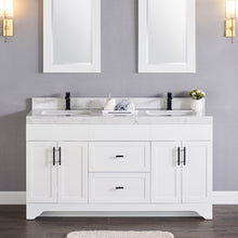 1905-60D-01 Matt White 60" Bathroom Vanity Set Solid Wood Cabinet and Double Side 2 Sinks with Quartz Counter Top and Backsplash Optional Mirror