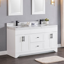 1905-60D-01 Matt White 60" Bathroom Vanity Set Solid Wood Cabinet and Double Side 2 Sinks with Quartz Counter Top and Backsplash Optional Mirror