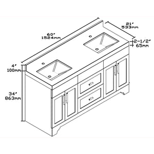 1905-60D-01 Matt White 60" Bathroom Vanity Set Solid Wood Cabinet and Double Side 2 Sinks with Quartz Counter Top and Backsplash Optional Mirror