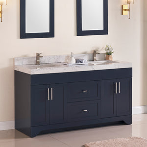 1905-60D-04 Marine Blue 60" Bathroom Vanity Set Solid Wood Cabinet and Double Side 2 Sinks with Quartz Counter Top Optional Mirror