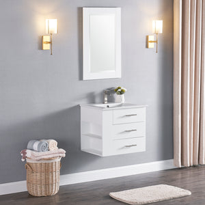 1906-24L-01 Wall Mount Matt White 24" Bathroom Vanity Set with Left Side Shelf Include Solid Wood Vanity Cabinet, Pure white counter top and sink with optional mirror