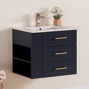 1906-24L-04 Wall Mount Marine Blue 24" Bathroom Vanity Set with left side shelf Include Solid Wood Vanity Cabinet, Pure white counter top and sink with optional mirror