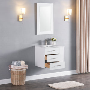 1906-24R-01 Wall Mount Matt White 24" Bathroom Vanity Set with Right Side Shelf Include Solid Wood Vanity Cabinet, Pure white counter top and sink with optional mirror