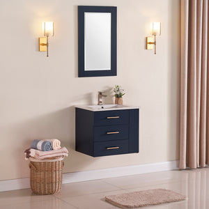 1906-24R-04 Wall Mount Marine Blue 24" Bathroom Vanity Set with right side open shelf Include Solid Wood Vanity Cabinet, Pure white counter top and sink with optional mirror