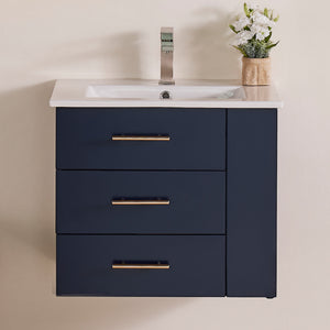 1906-24R-04 Wall Mount Marine Blue 24" Bathroom Vanity Set with right side open shelf Include Solid Wood Vanity Cabinet, Pure white counter top and sink with optional mirror