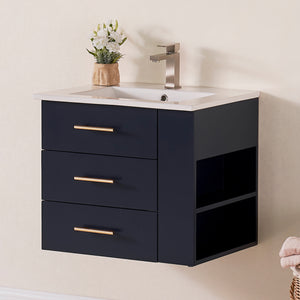 1906-24R-04 Wall Mount Marine Blue 24" Bathroom Vanity Set with right side open shelf Include Solid Wood Vanity Cabinet, Pure white counter top and sink with optional mirror