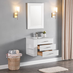 1906-30L-01 Wall Mount Matt White 30" Bathroom Vanity Set with Left Side Shelf Include Solid Wood Vanity Cabinet, Pure white counter top and sink with optional mirror