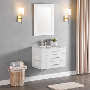 1906-30L-01 Wall Mount Matt White 30" Bathroom Vanity Set with Left Side Shelf Include Solid Wood Vanity Cabinet, Pure white counter top and sink with optional mirror