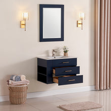 1906-30L-04 Wall Mount Marine Blue 30" Bathroom Vanity Set with Left Side Shelf Include Solid Wood Vanity Cabinet, Pure white counter top and sink with optional mirror
