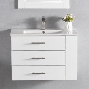 1906-30R-01 Wall Mount Matt White 30" Bathroom Vanity Set with Right Side Shelf Include Solid Wood Vanity Cabinet, Pure white counter top and sink with optional mirror