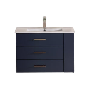 1906-30R-04 Wall Mount Marine Blue 30" Bathroom Vanity Set with Right Side Shelf Include Solid Wood Vanity Cabinet, Pure white counter top and sink with optional mirror