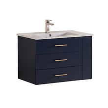 1906-30R-04 Wall Mount Marine Blue 30" Bathroom Vanity Set with Right Side Shelf Include Solid Wood Vanity Cabinet, Pure white counter top and sink with optional mirror