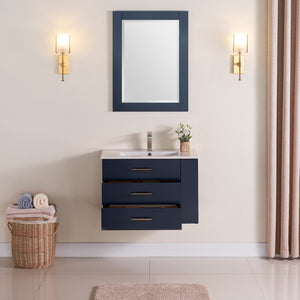 1906-30R-04 Wall Mount Marine Blue 30" Bathroom Vanity Set with Right Side Shelf Include Solid Wood Vanity Cabinet, Pure white counter top and sink with optional mirror