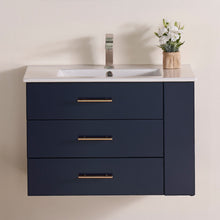 1906-30R-04 Wall Mount Marine Blue 30" Bathroom Vanity Set with Right Side Shelf Include Solid Wood Vanity Cabinet, Pure white counter top and sink with optional mirror