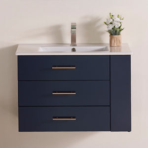 1906-30R-04 Wall Mount Marine Blue 30" Bathroom Vanity Set with Right Side Shelf Include Solid Wood Vanity Cabinet, Pure white counter top and sink with optional mirror