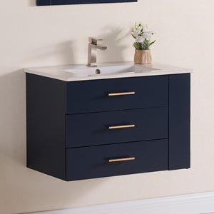 1906-30R-04 Wall Mount Marine Blue 30" Bathroom Vanity Set with Right Side Shelf Include Solid Wood Vanity Cabinet, Pure white counter top and sink with optional mirror