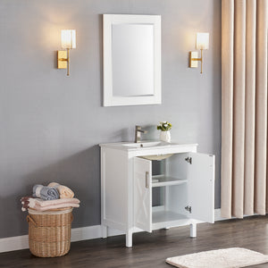 1907-30-01 Matt White 30" Bathroom Vanity Cabinet and Sink Combo Solid Wood Cabinet+Ceramic Counter Stop With Sink and optional mirror set