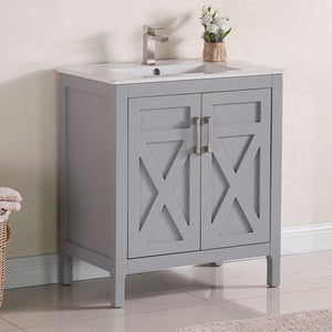 1907-30-03 Light Grey 30" Bathroom Vanity Cabinet and Sink Combo Solid Wood Cabinet+Ceramic Counter Stop With Sink and optional mirror set