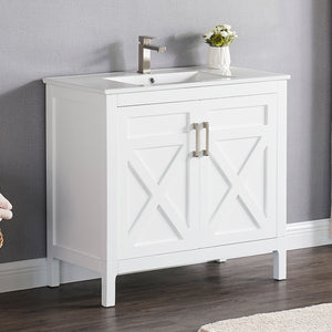 1907-36-01 Matt White 36" Bathroom Vanity Cabinet and Sink Combo Solid Wood Cabinet+Ceramic Counter Stop With Sink and optional mirror set