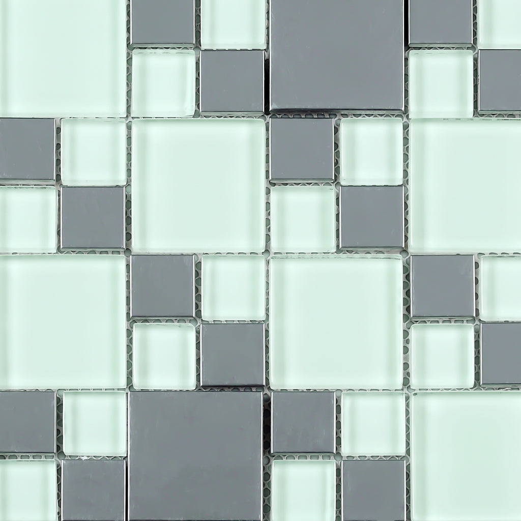 Tile Generation TBSSG-02 Modern Cobble Stainless Steel With White Glass Mosaic Tile ...