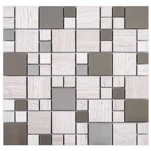 TBSSG-03 Random Square Stainless Steel With Wooden Brown Marble Mosaic Tile