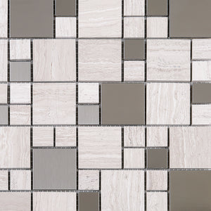 TBSSG-03 Random Square Stainless Steel With Wooden Brown Marble Mosaic Tile