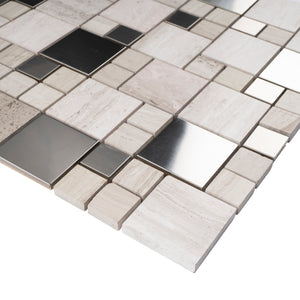 TBSSG-03 Random Square Stainless Steel With Wooden Brown Marble Mosaic Tile