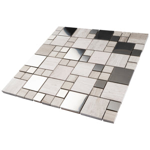 TBSSG-03 Random Square Stainless Steel With Wooden Brown Marble Mosaic Tile