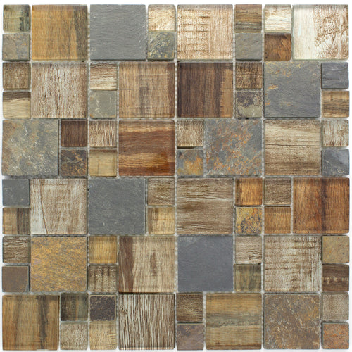 TBSSG-05 Random Size Brown Wood Look Glass and Stone Mosaic Tile 