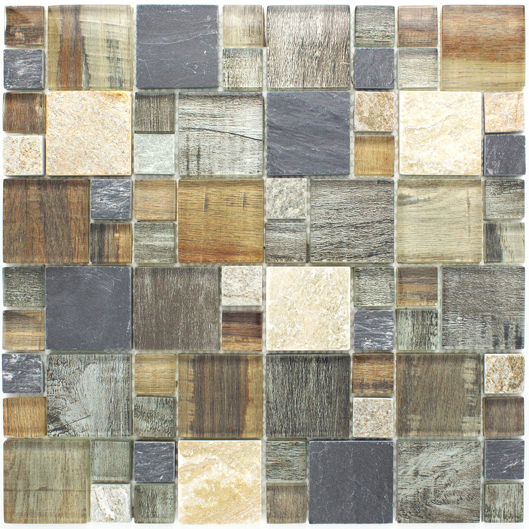 TBSSG-06 Random Square Grey Brown Wood Look Glass and Stone Mosaic Tile