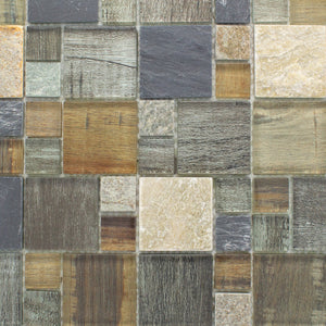 TBSSG-06 Random Square Grey Brown Wood Look Glass and Stone Mosaic Tile