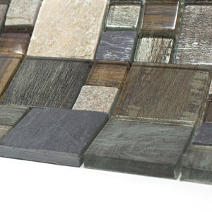 TBSSG-06 Random Square Grey Brown Wood Look Glass and Stone Mosaic Tile