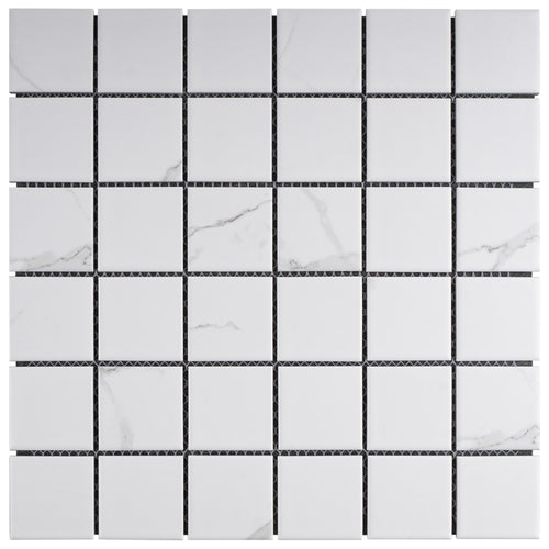 TPMG-23 2 x 2 White Cararra Porcelain Mosaic Tile Backsplash (SATIN)