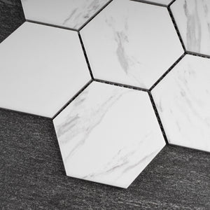 TPMG-27 4 x 4 Hexagon White Carrara Porcelain Mosaic Tile Backsplash (Satin)