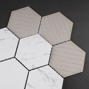 TPMG-27 4 x 4 Hexagon White Carrara Porcelain Mosaic Tile Backsplash (Satin)