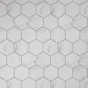 TPMG-27 4 x 4 Hexagon White Carrara Porcelain Mosaic Tile Backsplash (Satin)