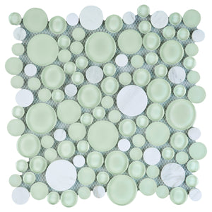 TBUBWG-01 Random Circle Glass Mix Stone Mosaic Tile in Mint Green and White