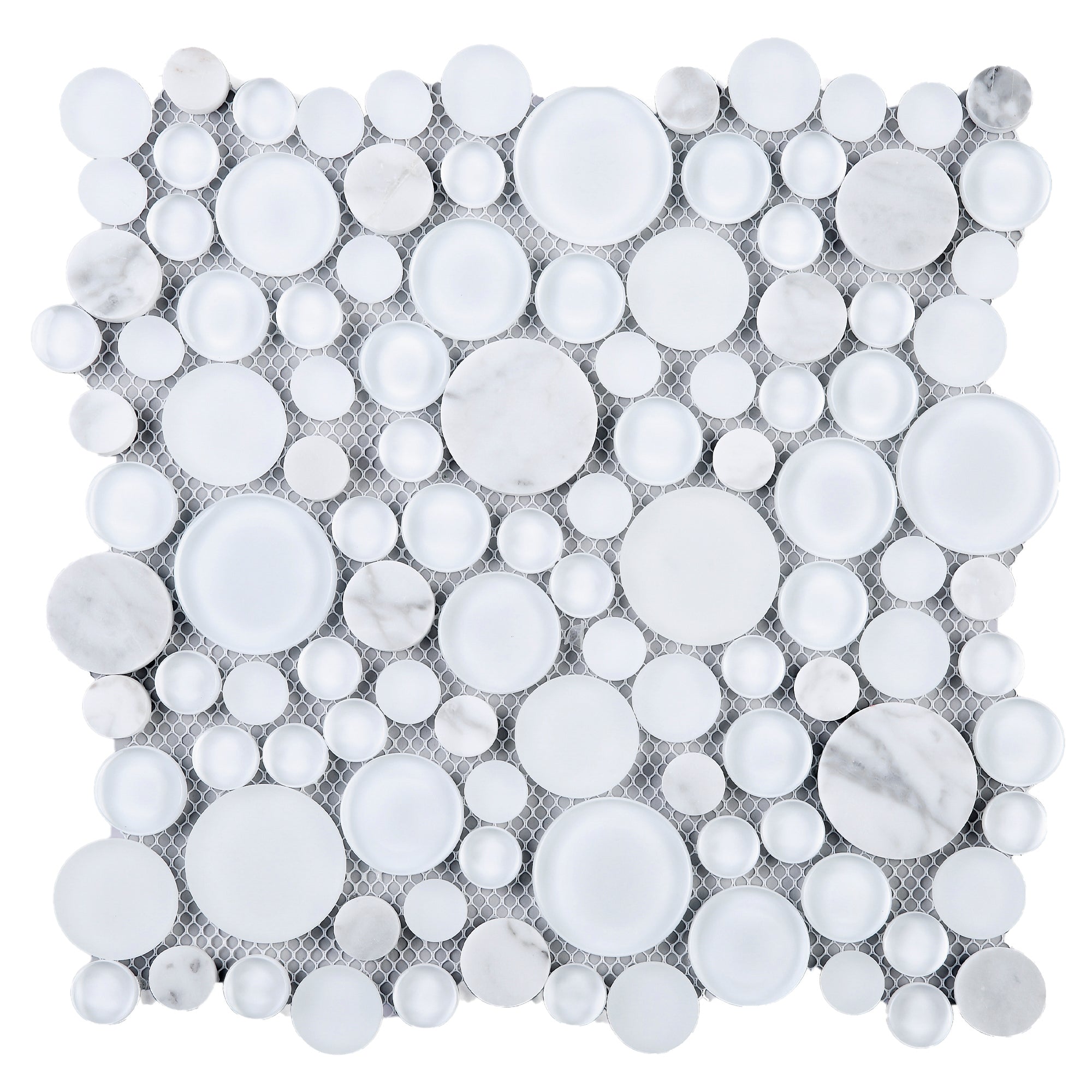 TBUBWG-02 Random Circle Glass Mix Stone Mosaic Tile in White 