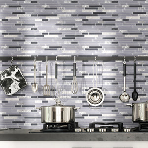 TBVSG-03 Linear Black and Grey Glass and Marble Mosaic Tile Sheet