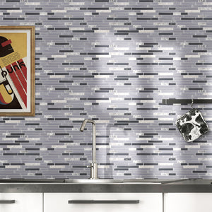 TBVSG-03 Linear Black and Grey Glass and Marble Mosaic Tile Sheet